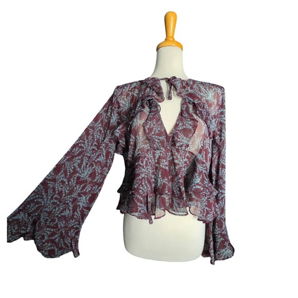 Olivaceous Maroon Fairy Grunge Floral Ruffled Bell Sleeve Blouse Women's M - Picture 4 of 10